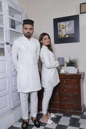 White Color Chicken Kari Kurta & Trouser For Couple